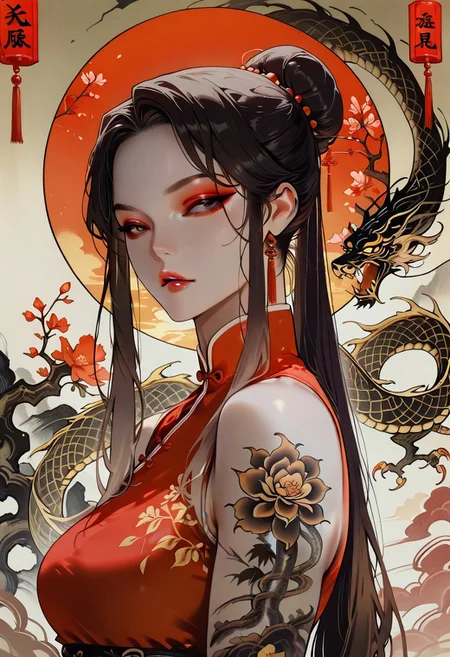 masterpiece, best quality, 32k, high resolution, absurdres, Chinoiserie, Mei, MeiRH, 1woman, mature woman, chinese woman, Very long black hair, brown gradient hair, high hair bun, brown eyes, asian eyes, pale skin, medium breasts, full right arm tattoo, big back tattoo, portrait, face closeup, front view, sleeveless Chinese dress, color splashes background, aesthetic, detailed eyes, upper body, looking at the viewer, parted lips, red lipgloss, eyeliner, makeup