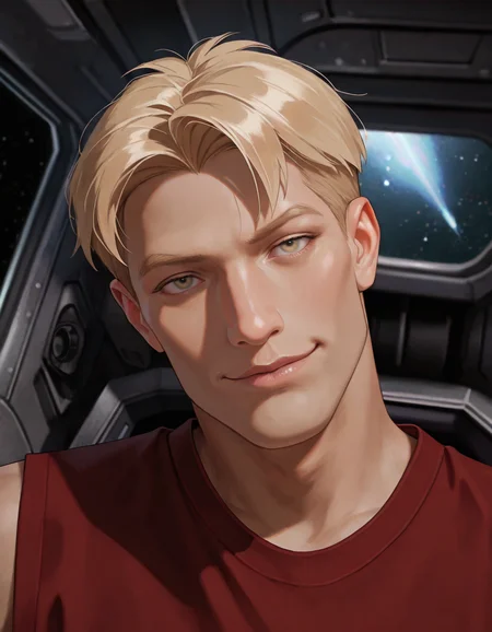 masterpiece, best quality, newest, perfect quality, best quality, instricate details, detailed background, male focus, realistic, <lora:Titan AE - Cale Tucker - Illustrious-000007:0.7>, titan_cale, 1boy, mature male, blonde hair, very short hair, hazel eyes, red sleeveless shirt, spacecraft interior, cockpit, space, head tilt, looking at viewer, portrait, smirk