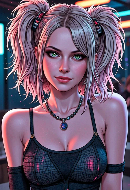 2.5D comic art style eye-level 2D speed painting capturing the essence of petite finnish female, 21yo, with pensive emerald green eyes and pale skin with a smiling expression. She has eccentric platinum blonde twin-buns hair with feathered bangs and edgy makeup defined by hues of red and bold eyeliner combined with lipgloss, wearing cyberpunk knit bandeau top in a chequered design, together with hoop earrings as well as a beaded necklace. Set in a trending scifi-cafe with goth inspired decor, on a dark clear summer night. With soft prismatic, rainbow-lighting, cel shader, cartoonish style, digital art, masterpiece, eyecandy