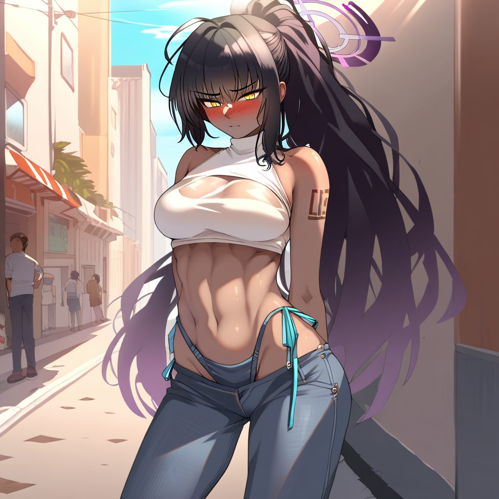 score_9, score_8_up, score_7_up, source_anime, expressive, anime, Artist speedlines, dynamic, 1woman, (Karin_(Blue Archive)), (dark-skinned_female:1.2), yellow eyes, meme_attire, (bikini_jeans:1.0), pants, panties, side-tie panties, highleg_bikini, clothing cutout, denim, lowleg_pants, denim_bikini,blush, blushing, embarrassed,  outdoors, urban, sunlight, light filtering,