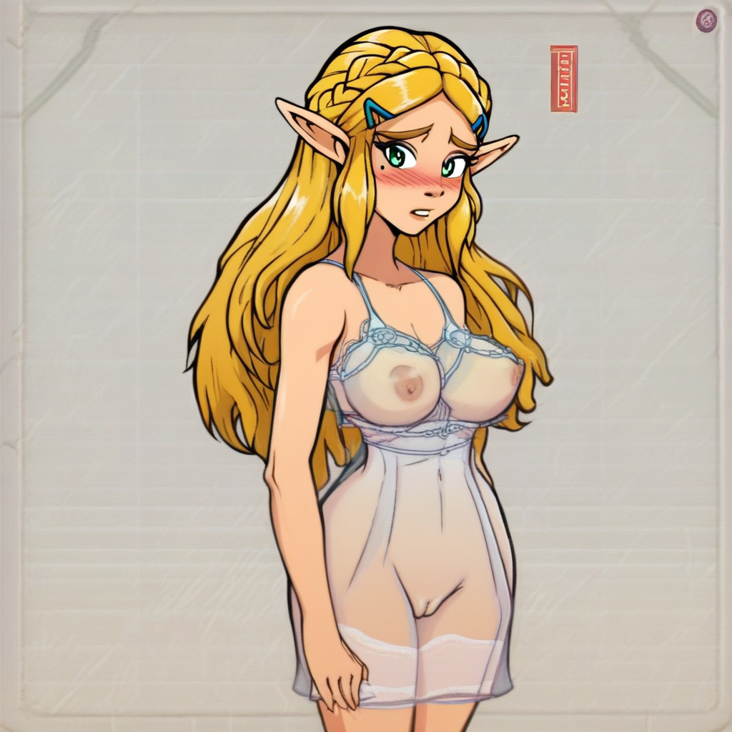 source_hentai, score_9, score_7_up, (4k4bur5tyl3), retro_artstyle, science_fiction, BREAK, Princess Zelda, long hair, (blonde hair), green eyes, perfect eyes, eyelashes, blonde eyebrows, blush, looking at viewer, rating_explicit, 1girl, solo, mole under eye, mole on thigh, dress, see-through, lingerie, covered nipples, cameltoe, detailed background,