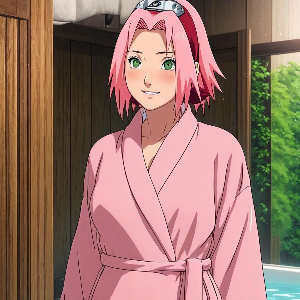 A hot sexy and naughty picture of Sakura Haruno taking a bath wearing a pink bathrobe ; sexy beautiful body ; standing full-body view ; naughty teasing smile ; forehead mark and green eyes