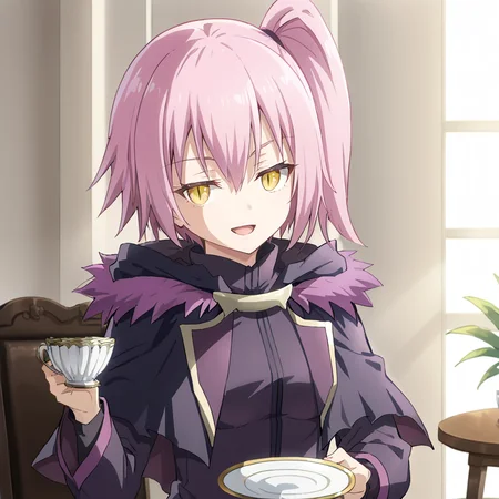 1girl, solo, ultima, slit pupils, pink hair, purple hair, short hair, side ponytail, yellow eyes, bangs, hair between eyes, breasts, small breasts, black jacket, fur trim, purple trim, capelet, long sleeves, hips, head tilt, smug, open mouth, looking at viewer, holding cup, saucer, plate, holding,
<lora:Ultima:0.8>
