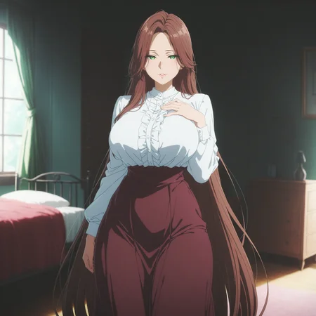 masterpiece, best quality, newest, absurdres, highres, anime coloring, 1girl, brown hair, absurdly long hair, green eyes, large breasts, thick thighs, white blouse, frilled shirt, long skirt, high-waist skirt, hand on own chest, naughty face, parted lips, indoors, bedroom, <lora:VioletEvergardenStyle-000007:1>