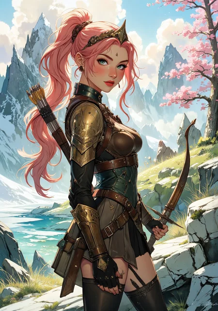 Anime art, Full-length, gorgeous fantasy warrior, long pink hair in a high ponytail, tiara, tight brown leather armor, standing on a hill. Full, high breasts, tight waist, round thighs, green eyes, no blush. Backdrop of fantasy highlands in spring, bright and growing spring colors with patches of snow, icy lakes and wooded areas, full of blossoming cherry trees, topknot ponytail hairstyle, diffused lighting, determined facial expression, intricate armor details. holding a bow, arrow quiver on back. <lora:aidmaMJ6.1_v0.5_3:0.5>, <lora:Anime Art V3_Flux:0.5>, <aidmamj6.1>, <painted world>