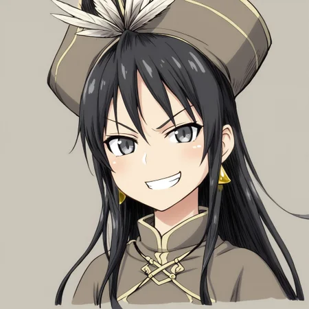 mana_sk style, portrait, focus on face, a daring pirate girl with long, wavy black hair and mischievous gray eyes, wearing a tricorn hat with a feather and a gold earring, a confident grin that reveals her adventurous nature, hints of ocean spray and distant ship masts in the background, Japanese RPG style, bold and seafaring atmosphere, intricate details on her hat and expression