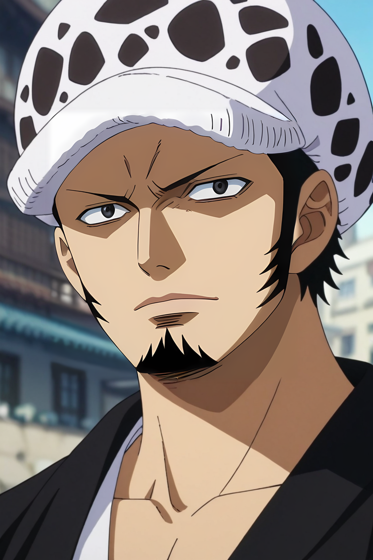 score_9, score_8_up, score_7_up, source_anime, intricate details, anime screencap, , official style, , , depth of field, 1boy, solo, male focus, <lora:law_trafalgar_pony:0.82>, law_trafalgar, black hair, black eyes, short hair, facial hair, sideburns, long sideburns, goatee, hat, , , , grimdark, , <lora:sdxl_lightning_8step_lora:1>
