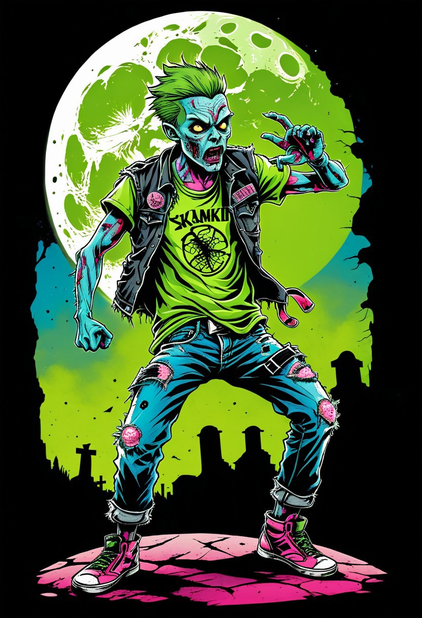 t-shirt_design, full body artwork features a sleek, male zombie with messy pink and blue hair, wearing a black denim vest covered in band patches, a lime green t-shirt underneath, faded black jeans with rips in the knees, he is positioned in a High kick Karate style mid action pose, with his kicking leg and foot coming directly towards centre point of view, The sole of the shoe is foreground without covering the zombie face. the background hauntingly bright sky and big pale moon fading into black before reaching the border limits of the image enhancing the ominous graveyard atmosphere of the design. the border edge limitations of 12x17 inch dimension. entire image <Tales_from_the_crypt>, 90s cartoon comic, <comic_illustration>