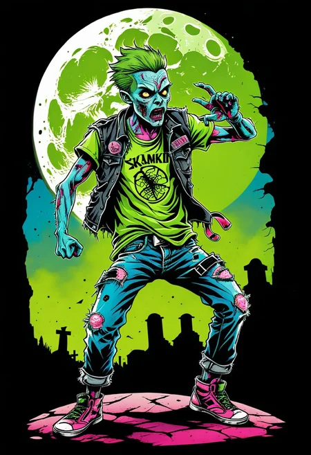 t-shirt_design, full body artwork features a sleek, male zombie with messy pink and blue hair, wearing a black denim vest covered in band patches, a lime green t-shirt underneath, faded black jeans with rips in the knees, he is positioned in a High kick Karate style mid action pose, with his kicking leg and foot coming directly towards centre point of view, The sole of the shoe is foreground without covering the zombie face. the background hauntingly bright sky and big pale moon fading into black before reaching the border limits of the image enhancing the ominous graveyard atmosphere of the design. the border edge limitations of 12x17 inch dimension. entire image <Tales_from_the_crypt>, 90s cartoon comic, <comic_illustration>