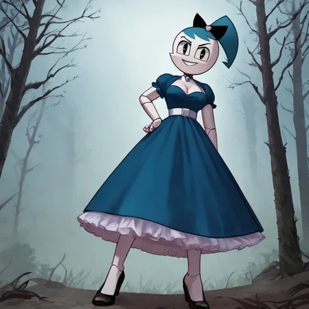(Masterpiece, best quality:1.2), score_9, score_8_up, flat color, flat shading, soft shading, lighting, Jenny Wakeman as an adult, (((in a 1950's full length formal dark blue dress, a white belt, a fluffy frilly ruffled full white petticoat, and black high heels))), dress, layered petticoat, frilly petticoat, fluffy petticoat, full petticoat, detailed petticoat, wide skirt, detailed outfit, flowing skirt, (((long skirt))), (((solid dark blue colored dress, black high heels))), blue hair, series accurate, cute, best high quality, high res, robot, humanoid robot, (((big breasts, cleavage))), whole body shot, 1girl, (((solo, outside, in a dark creepy forest, at night, heavy fog surrounding her, fog, heavy fog, looking at you, low angle))), (((evil, evil smile, determined evil eyes, posing gracefully and evilly))), low angle shot, cartoon, cartoon style, vector, solo, circle dress, 1950s, dance dress jenny, jenny wakeman, 1girl, solo, robot joints, black eyes, white skin, ponytail, hair bow, blue rose chest corsage, poofy dress, blue hair, flat lighting,