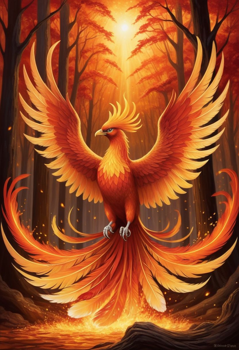 Dance of the Phoenix
Illustrate a mesmerizing scene where a majestic phoenix, ablaze in vibrant hues of red, orange, and gold, emerges from the fiery embers of its rebirth. The mythical bird's feathers shimmer with an ethereal glow as it spreads its wings wide, casting a radiant light that illuminates the dark, mystical forest around it. The air crackles with intense heat and energy, swirling around the phoenix in a fiery dance of renewal and transformation. The phoenix's eyes gleam with ancient wisdom and power, reflecting the eternal cycle of life, death, and rebirth. The surrounding trees bow in reverence to the phoenix's fiery majesty, their leaves ablaze with the flickering light of the mystical creature. The ground beneath the phoenix's talons glows with residual heat, symbolizing the phoenix's eternal flame of resilience and immortality.