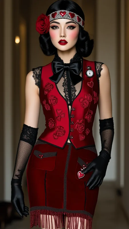 Evelyn redefines Jazz Age glamour with a sultry Valentine twist, embodying sophistication and allure. Her creamy complexion is kissed with a touch of blush, while her sharp, kohl-lined hazel eyes shimmer beneath perfectly arched brows. Her dark hair is styled in a sleek bob with finger waves, a crimson rose tucked behind her ear, and a jeweled headband glimmers with heart-shaped rubies and delicate pearls.
Her attire is a stunning nod to the roaring â20s: a fitted, scarlet satin waistcoat embroidered with swirling rose and heart motifs, worn over a sheer black blouse with intricate lace detailing at the cuffs and collar. A high-waisted skirt of crimson velvet falls just below the knee, its fringe of shimmering beads swaying with every step. Accessories include a black silk bow tie, a pocket watch with a heart-shaped casing tucked into her vest, and elbow-length gloves of sheer red mesh. Her heels, polished black with ruby accents, echo the decadent theme.
Perfect hand, detailed hand, CerysMixer