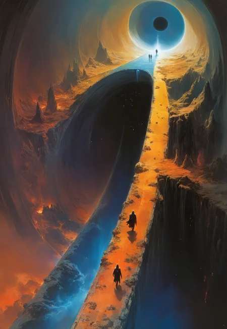 best quality, masterpiece, painting, concept art, ((((High angle From avove, camera from above, Bird's-eye view, aerial shot view)))), In the heart of the absurdes, a giant black hole consumed fantasy village.The village within are portrayed with intricate detail, surreal masterpiece of contrast, blending the energy of fantasy village with the scifi aesthetic of a giant black hole,mix of science fiction and fantasy,deadly void,swirling,attraction,interaction,low gravity,scifi dark fantasy,vibrant colors,dramatic,tragic,melancholy,dark dream,cosmic horror,alienscape,dreamscape,otherworldy,professional,perfection,visually stunning,mesmerizing,disturbing,mystical touch,highly detailed, intricate,painted in high resolution,close-up, primary colors, no gradients, illustration, (no humans:1.3)
<lora:John Harris Style:0.8> John Harris Style page,Arik roper,Ben Templesmith