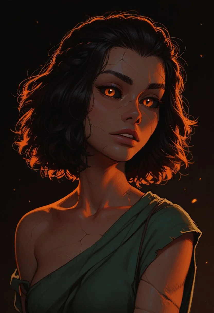 (score_9, score_8_up, score_7_up). (line work, excellent drawing, highest quality, extremely detailed:1.2). solo, 1girl, ((((stone girl, stone skin, stone body)))), earth elemental, glowing skin, cracked skin, black sclera, glowing orange eyes, stone hair, black hair, g0thicPXL, romantic, source_cartoon, depth of field, dark background, dark background, medium distance, semirealistic, pinup pose, simple tunic,