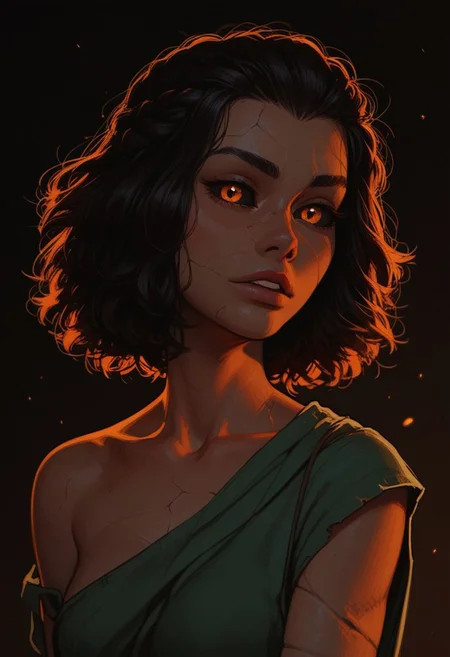 (score_9, score_8_up, score_7_up). (line work, excellent drawing, highest quality, extremely detailed:1.2). solo, 1girl, ((((stone girl, stone skin, stone body)))), earth elemental, glowing skin, cracked skin, black sclera, glowing orange eyes, stone hair, black hair, g0thicPXL, romantic, source_cartoon, depth of field, dark background, dark background, medium distance, semirealistic, pinup pose, simple tunic,