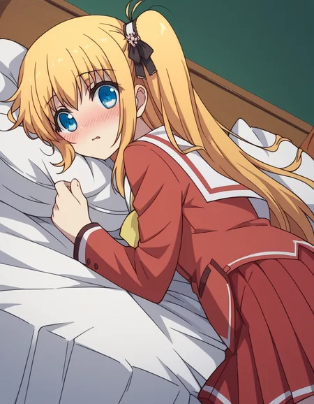 score_9, score_8_up, score_7_up, source_anime,
yusakurobane, <lora:yusa-kurobane-s1-ponyxl-lora-nochekaiser:1>,
yusa kurobane, long hair, blue eyes, blonde hair, hair ornament, ribbon, hair ribbon, one side up, side ponytail,
school uniform, serafuku, long sleeves, red blazer, red skirt, pleated skirt, white sailor collar,
indoors, bed, bed room, on side, blush, drunk,
looking at viewer, cowboy shot, solo, dutch angle,