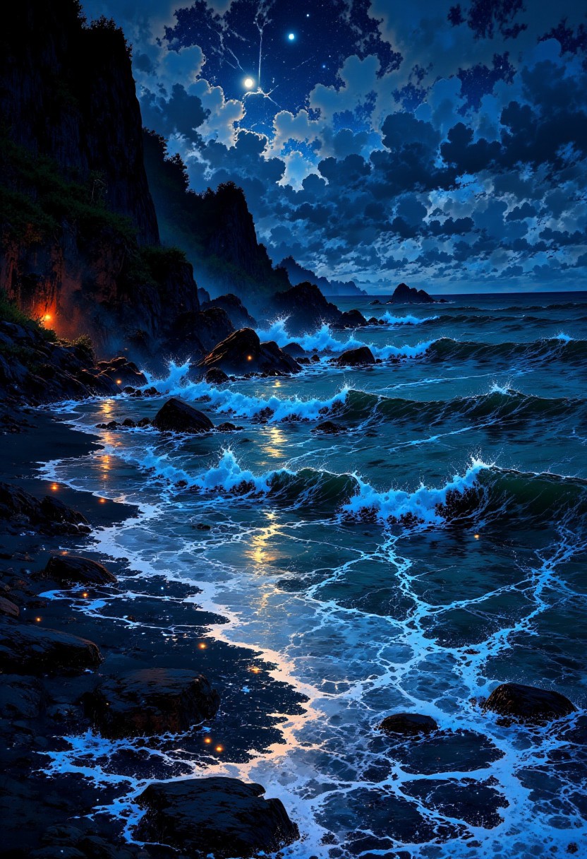 Bali Cliffside Beach – Full Moon & Ocean Glow
"A moonlit beach in Bali, where rugged cliffs overlook the vast ocean, bathed in silver light. The waves shimmer with reflections of the full moon, and phosphorescent plankton flicker beneath the water’s surface. The soft scent of incense drifts from a nearby temple, blending with the salty ocean breeze to create an ethereal nighttime escape."