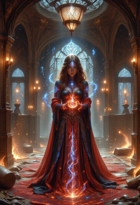 "In a grand, spacious hall adorned with intricate Turkish designs, a powerful sorceress stands at the center of a dazzling scene. Her flowing attire, reminiscent of the exotic splendor of The Thousand and One Nights, shimmers with ornate, delicate fabrics, woven with gold and silver threads. Her skin is adorned with glowing, scarlet runic tattoos that pulse with arcane energy, each symbol casting an ethereal light, matching the deep, mysterious black of her eyes. Her long, chestnut hair cascades down her back in graceful waves, adding to her otherworldly beauty. She holds a staff that hums with mystical power, its core infused with cybernetic elements, blending magic and technology seamlessly. The elegant hall, with its sweeping arches, marble floors, and vibrant rugs, is illuminated by soft lantern light, casting warm shadows. The space is a fusion of ancient mysticism and futuristic elements, with glowing orbs and holographic inscriptions hovering around her, creating an atmosphere of enchanting and arcane power."