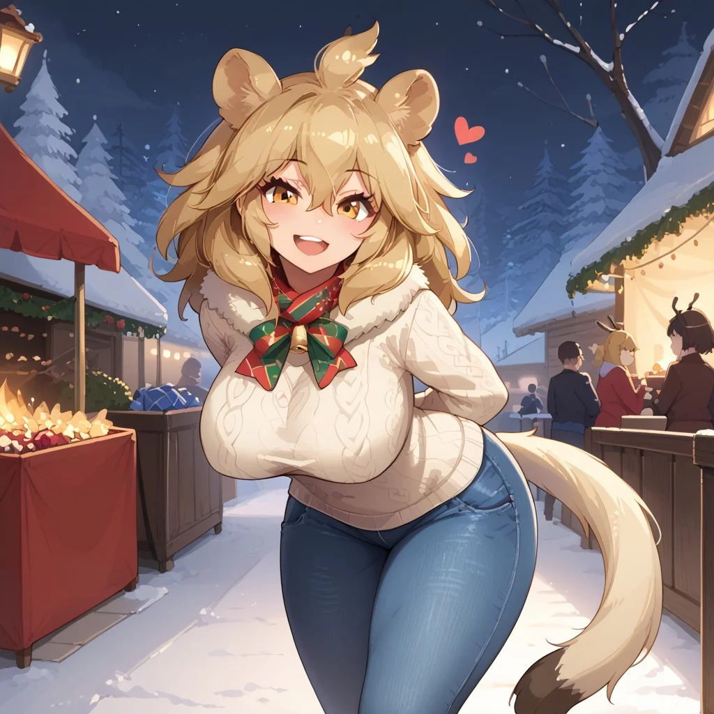 1girl, ((solo)), best quality, ultra-detailed, extremely detailed, perfect anatomy, masterpiece, score_9, score_8_up, score_7_up, Expressiveh, lion (kemono friends), blonde hair, animal ears, tail, yellow eyes, long hair, hair between eyes, fur scarf, scarf, Christmas scarf, big breasts, curvy, tall, voluptuous, wide hips, comfy sweater, Christmas sweater, jeans, pants, fully clothed, looking at viewer, smiling, eager, excited, happy, hearts, outdoors, night time, night, Christmas festival background, carnival, carnival games, Christmas decorations, winter, walking, posing, shuuko, leaning forward, hands behind back,