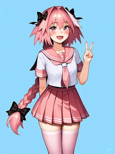 score_9, score_8_up, score_7_up, score_6_up, score_5_up, score_4_up, rating_safe
BREAK
astolfo \(fate\), otoko no ko, pink hair, braid,
BREAK
solo, standing, pink serafuku, white shirt, pink thighhighs, pink skirt, peace sign,
BREAK
white background, <lora:Lunas-HeroNeisan-SDXL-A1:1>