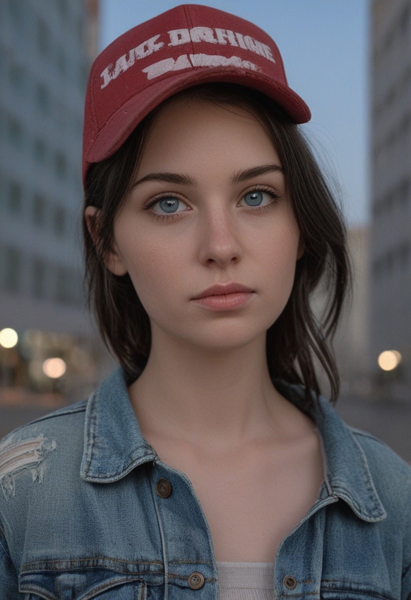 30yo woman posing for pic in front of tall building.
Blue eyes. small perfecteyes 
Wearing ripped Denim jacket red trucker hat
no makeup. Clear skin.  realistic skin style
Long dark black slick back hair. No makeup. Dusk, Street light. Looking at camera POV. Slight smile, tilting head.. Tilt head.
Medium Close Up shot. Bokeh. Bokeh light.