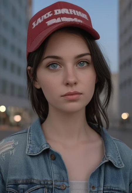30yo woman posing for pic in front of tall building.
Blue eyes. small perfecteyes
Wearing ripped Denim jacket red trucker hat
no makeup. Clear skin. realistic skin style
Long dark black slick back hair. No makeup. Dusk, Street light. Looking at camera POV. Slight smile, tilting head.. Tilt head.
Medium Close Up shot. Bokeh. Bokeh light.
