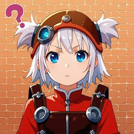score_8, score_8_up, score_7_up, 1girl, solo, female focus, source_anime, anime screenshot, clagwimoth, confused, ?, portrait, 1girl, solo, female focus, looking at viewer, pratty_scs, white hair, helmet, hair through headwear, two side up, bangs, sidelocks, short hair, blue eyes, Mandarin collar, red jacket, chest guard, indoors, brick wall,