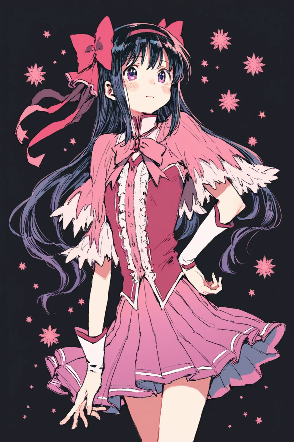 score_9, score_8_up, score_7_up, mahou shoujo madoka magica, akemi homura, black hair, black hairband, hairband, long hair, magical girl, pleated skirt, purple eyes, ribbon, skirt, solo, solo focus, portrait, , black background, Posing with one hand on hip and the other arm extended outward., <lora:godiva_color:1>