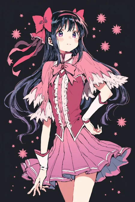 score_9, score_8_up, score_7_up, mahou shoujo madoka magica, akemi homura, black hair, black hairband, hairband, long hair, magical girl, pleated skirt, purple eyes, ribbon, skirt, solo, solo focus, portrait, , black background, Posing with one hand on hip and the other arm extended outward., <lora:godiva_color:1>