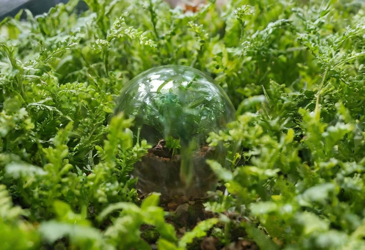 Macro photograph of a glass terrarium sitting on a desk in a home office, terrarium contains a micro civilization living in the dense foliage, micro human-like species, lush green foliage, many visible micro creatures, alien, not from earth, elemental earth creatures, multiple creatures, elemental