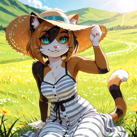 masterpiece, best quality, newest, absurdres, highres, furry, perfect anatomy, K4w4,1girl,solo,furry,furry female,cat girl,short hair,multicolored hair,cat ears,aqua eyes,slit pupils,snout,animal nose,whiskers,body fur,two-tone fur,cat tail,striped tail, hills, grass, sunny, windy, striped dress, black and white dress, sun hat, sunshine, beautiful, looking off, happy, smiling,