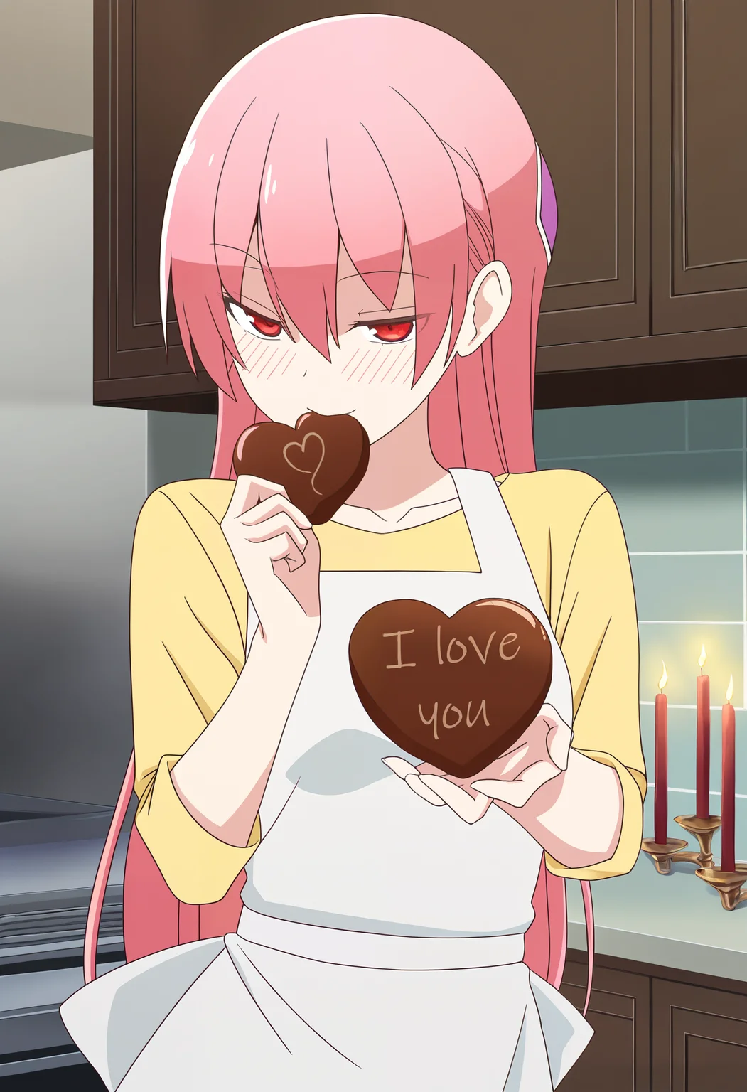 chocolate,<lora:chocolate_illustrious_V1.0:0.5>,
1girl,tsukasa_yuzaki,long hair,pink hair,hair ornament,red eyes,bangs,hair between eyes,
white apron,[[yellow shirt]],valentine,
standing,seductive smile,[blush],chocolate on body,medium breasts,
holding big heart chocolate with text: "I love you",puts the chocolate in her mouth,crunch chocolate,
kitchen background,chair,candle,romantic,
ultra-detailed,masterpiece,best quality,good quality,newest,anime,anime coloring,<lora:TsukasaYuzaki_illu:0.9>,