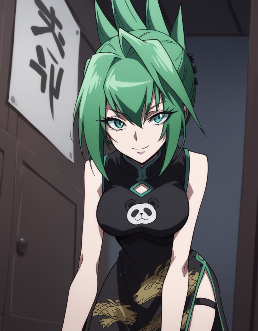 score_9, score_8_up, score_7_up, source_anime,
juntao, <lora:jun-tao-2021-s1-ponyxl-lora-nochekaiser:1>,
jun tao, green eyes, green hair, hair between eyes,
animal print, bear print, black dress, china dress, chinese clothes, dress, air, hip vent, panda print, side slit, sleeveless, sleeveless dress, thigh strap,
indoors, bent over, smile,
looking at viewer, cowboy shot, solo, dutch angle
