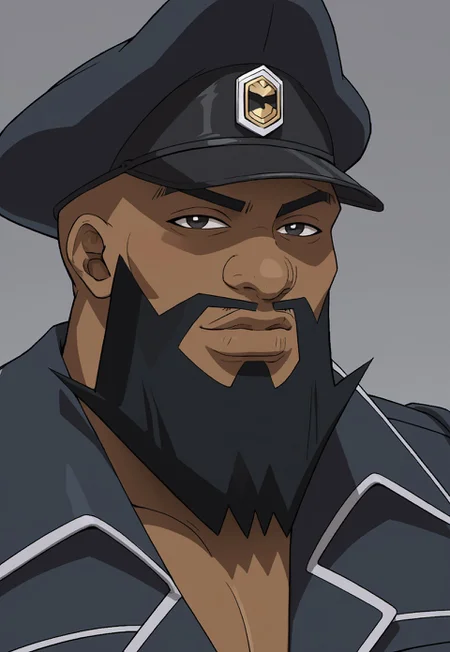 safe_pos, score_9, score_8_up, score_7_up, source_anime, rating_nsfw, ultra hd, absurdres, solo, masterpiece, best quality, best aesthetic, Expressiveh, wolfconf, burankoprn!, 1boy

YugiohArmstrong, black hair, beard, dark skin, hat, police uniform, portrait, headshot, looking at viewer