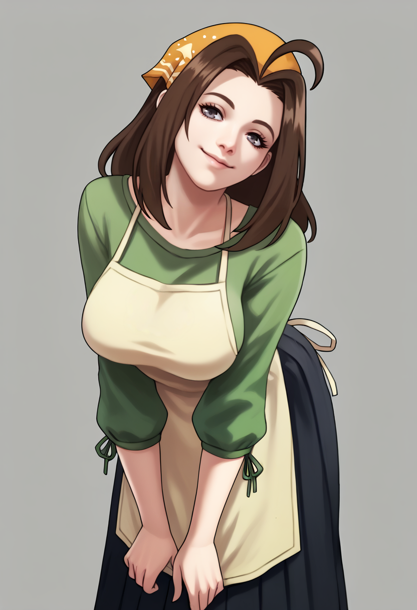 score_9, score_7_up BREAK solo, 1girl, smile, looking at viewer,  <lora:monorirogue_pd_glora:1>, <lora:Celia-pdxl_Fp:0.8>, celiahm, brown hair, grey eyes, ahoge, long hair, bandana, green shirt, apron, skirt, (large breasts:1.6), simple background, closed mouth, head tilt, leaning forward,