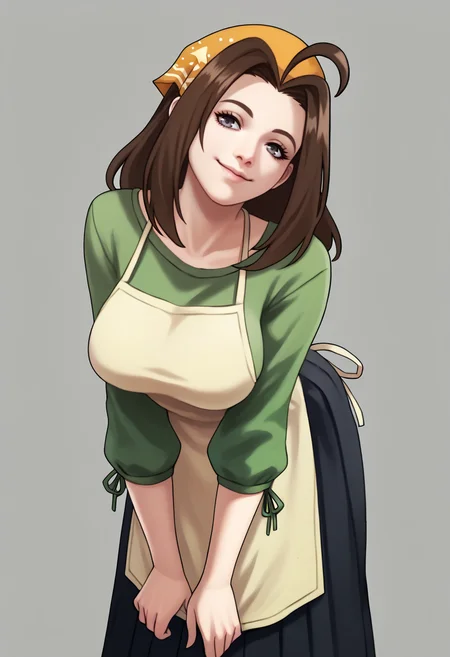 score_9, score_7_up BREAK solo, 1girl, smile, looking at viewer, <lora:monorirogue_pd_glora:1>, <lora:Celia-pdxl_Fp:0.8>, celiahm, brown hair, grey eyes, ahoge, long hair, bandana, green shirt, apron, skirt, (large breasts:1.6), simple background, closed mouth, head tilt, leaning forward,