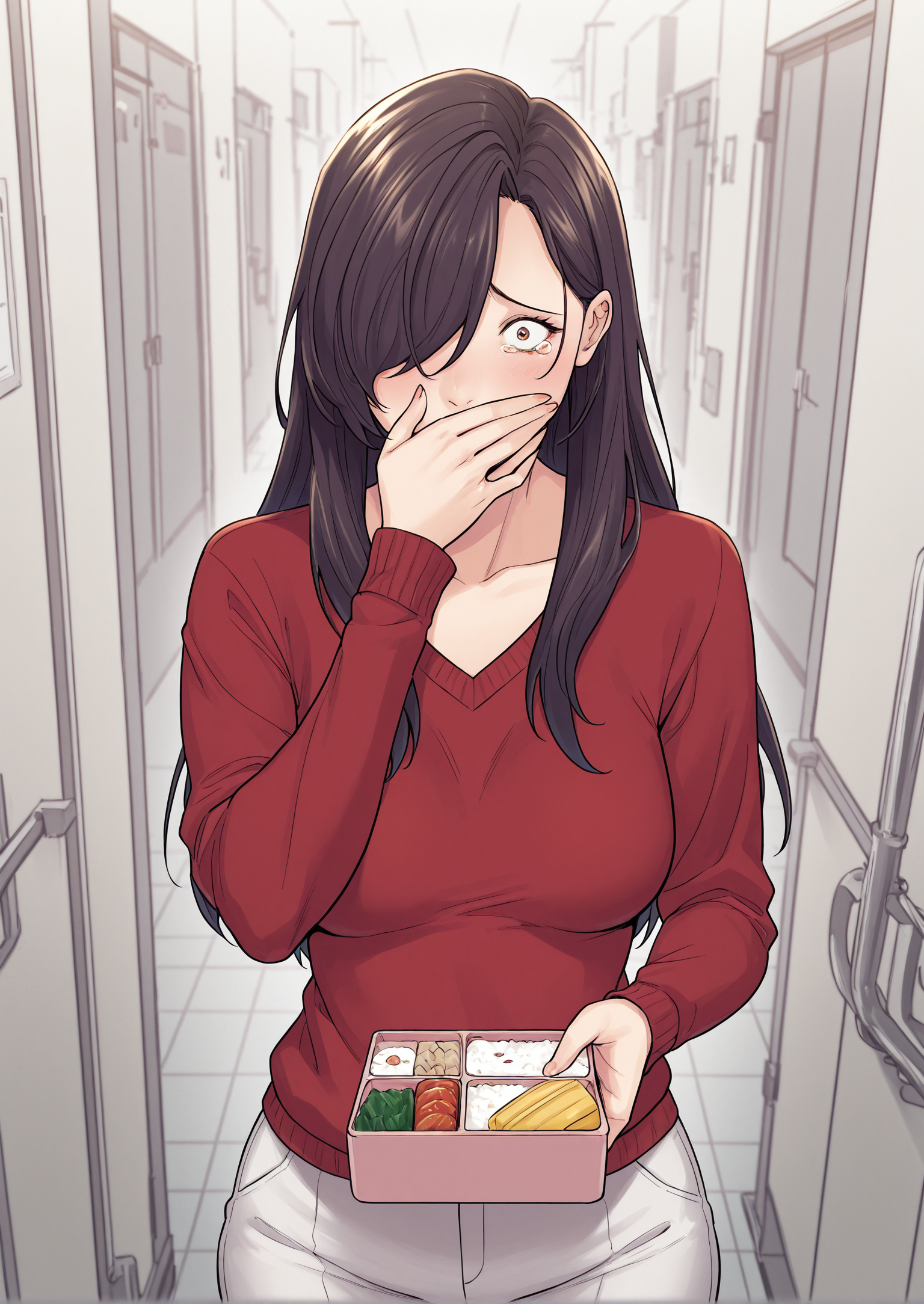 SimplepositiveXLv1, IllusP0s,  anime, cowboy shot, hospital background
BREAK
<lora:Aria_Na:1> TSHAriaNa, 1girl, solo, mature woman, lips, black hair, long hair, straight hair, hair over one eye, brown eyes, wide-eyed, tears, hand over mouth, red sweater, vneck, white pants, from front, looking at viewer, holding bento box,