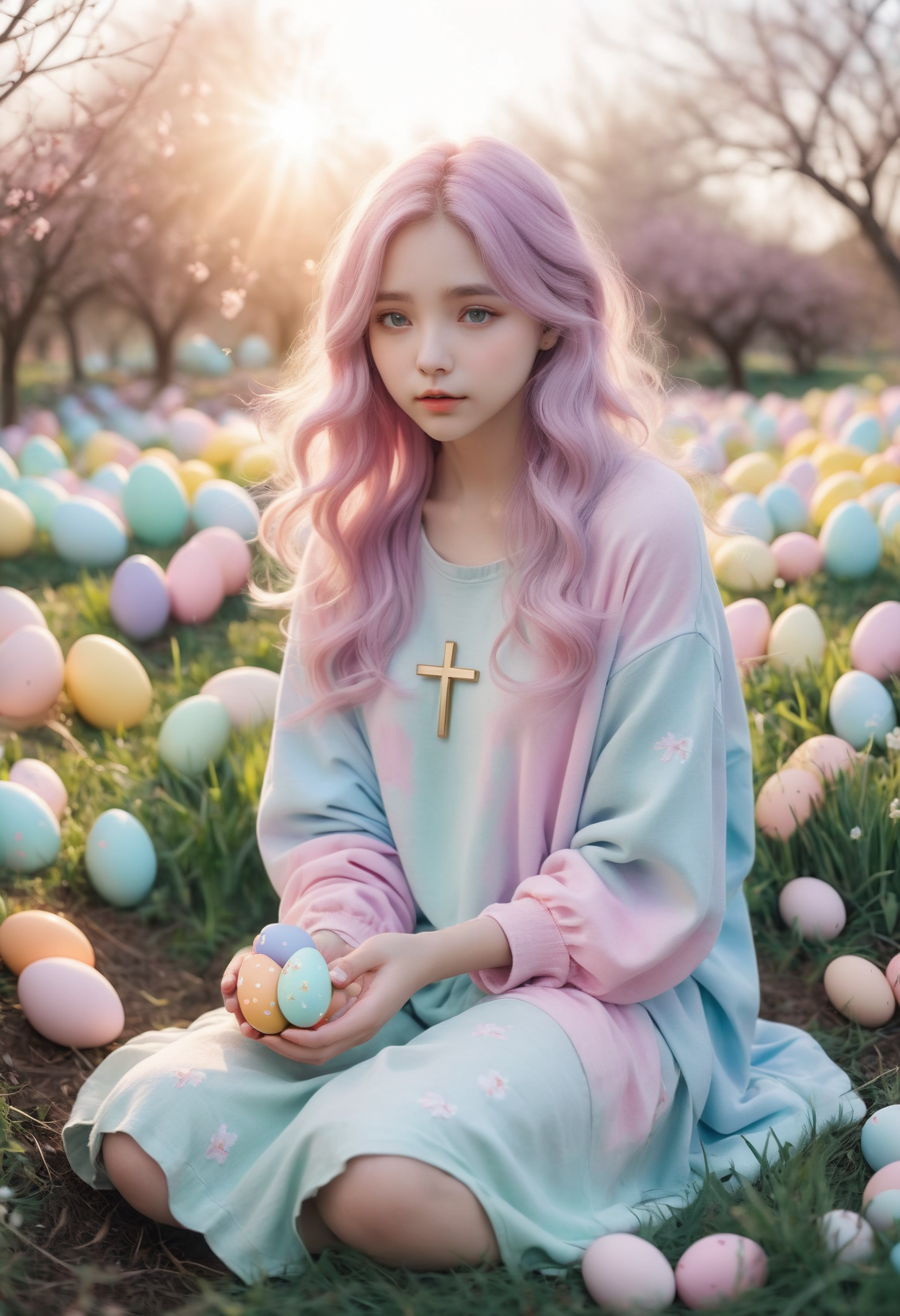 0.3&&easter, spring theme, peaceful, pastel clothing (spring colors), crosses, easter egg, symbol of new life and resurrection, Solid color dyeing 0.3&&sunrise locations, soft, warm lighting
