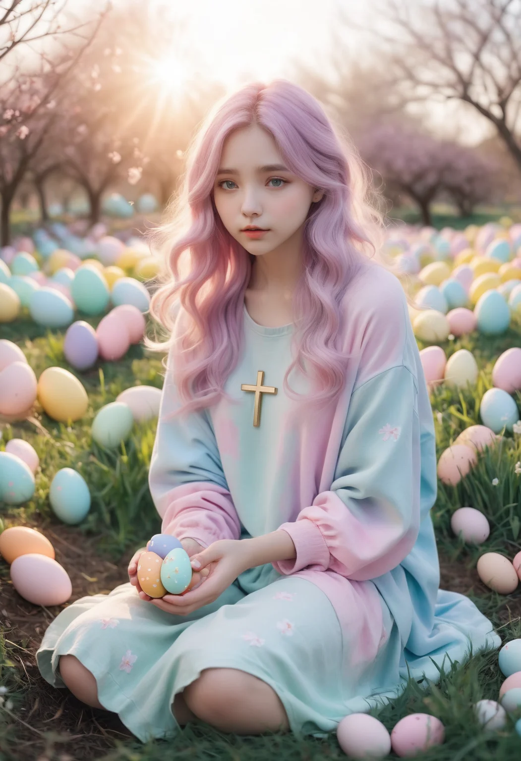 0.3&&easter, spring theme, peaceful, pastel clothing (spring colors), crosses, easter egg, symbol of new life and resurrection, Solid color dyeing 0.3&&sunrise locations, soft, warm lighting