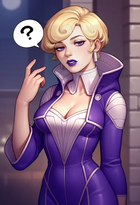 score_9, score_8_up, score_7_up, source_anime BREAK 1girl, solo, standing, <lora:zs_MadamXL:0.8> madamsmtii, blonde hair, short hair, lipstick, purple dress, bodysuit, cleavage, collar, ?, speech bubble, hand up