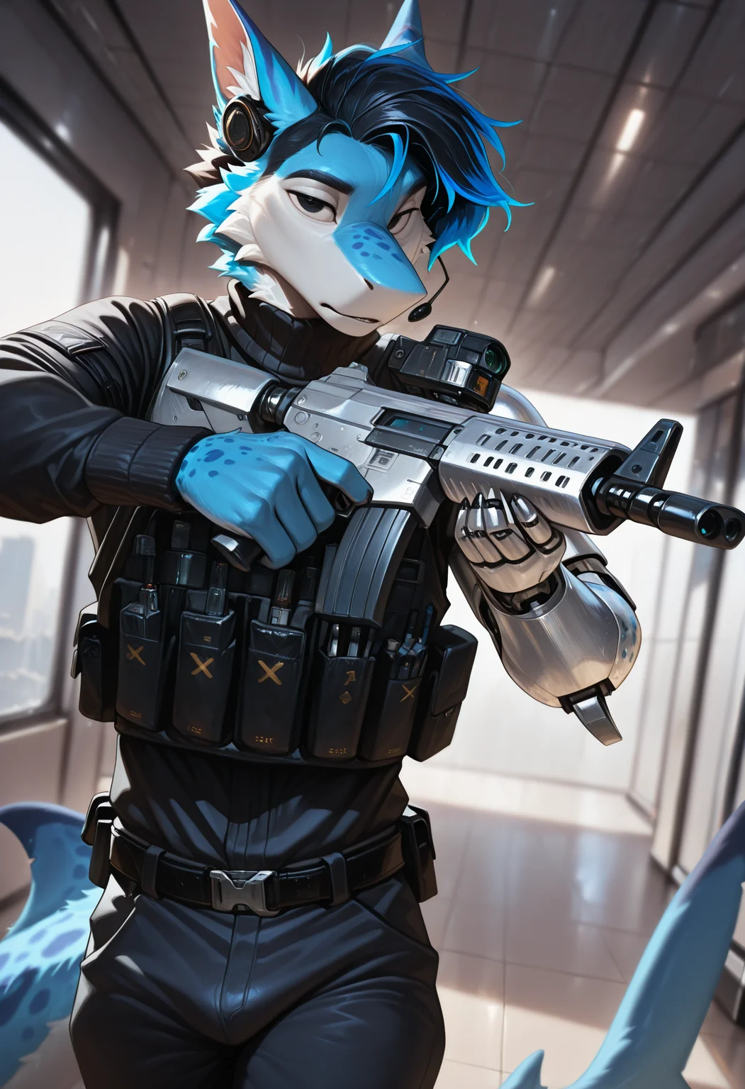 photorealism, photorealistic, hi res, depth of field, detailed background, detailed fur, soft light, 
azuro_steelpaw, anthro, adult, 1boy, solo, male focus, furred shark, male, marine, furry male, single mechanical arm, silver mechanical arm, prosthesis, spots, looking at viewer, blue highlights, black hair, animal ears, black claws, azure fur, black eyes, belts, black clothing, black turtleneck with long sleeves, techwear, 
(masterpiece, best quality, very aesthetic, newest, 2024), (artist:syuro:0.8), (artist:nomax:0.5), (artist:honovy:0.6), (artist:kenket:0.6), (artist:taran fiddler:0.6), inside, wearing headset, holding weapon, holds assault rifle, (assault rifle:1.15), aiming, walking, ops, attentive, 
 <lora:Azuro_Steelpaw_OC_Illustrious_2:1>