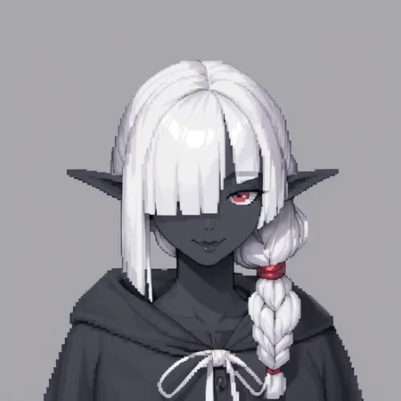 score_9, score_8_up, score_7_up, score_6_up, score_5_up, score_4_up rating_safe,
1girl, solo, female, (dark elf),drow, mature female, 
(black skin), ((dark skin)), (skindentation),
(very short hair), ((sidelocks)), ((ponytail)), (white hair), (((hair over one eye))), (((blunt bangs))), red eyes,
seductive eyes, braided hair, (long ears), (elf ears),
thick lips,closed mouth, prideful aroused, horny, ((tired)), (bags under eyes), smug,
robes,
standing, default pose,
blank background, empty background,
arms behind back, pixelart, pixel,
((headshot)), (portrait), (looking at viewer), (thick lines), <lora:pixel:0.6> <lora:Drow_Female_-_Sinue:0.6>