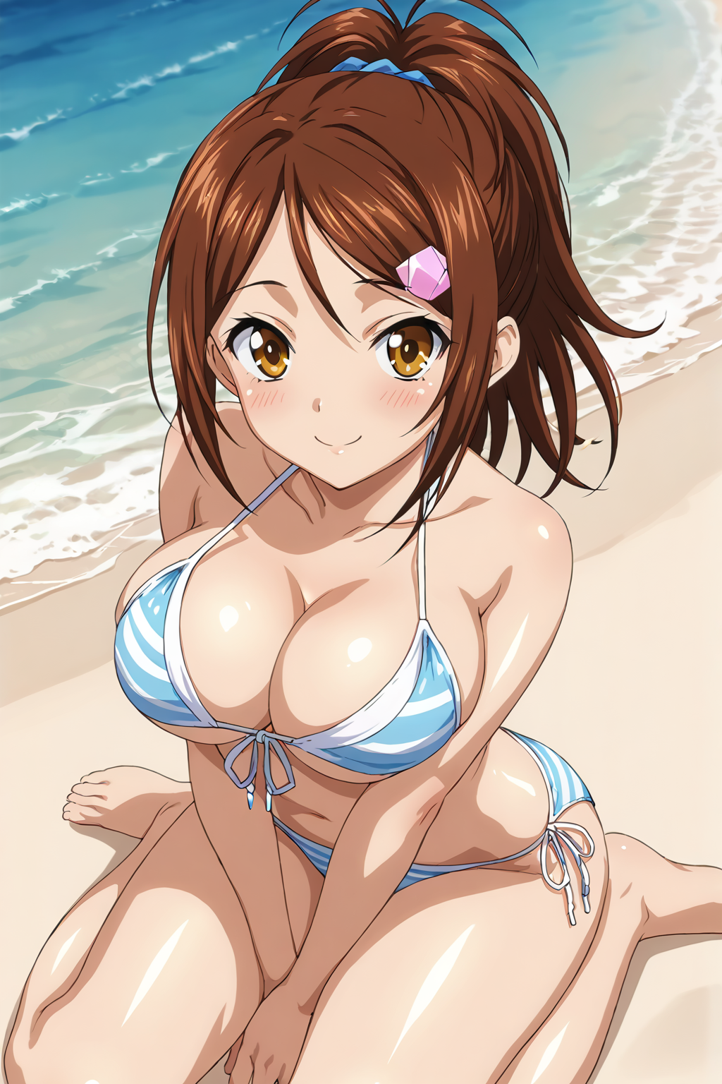 score_9, score_8_up, score_7_up, BREAK source_anime, masterpiece, anime screencap, shiny skin,
1girl, bachou mouki, long hair, ponytail, brown hair, hairclip, blue scrunchie, brown eyes, large breasts,  <lora:bachou_pony-000015:0.8>
side-tie bikini bottom, front-tie top, sitting, front-tie bikini top, wariza collarbone, beach,
blush, smile,