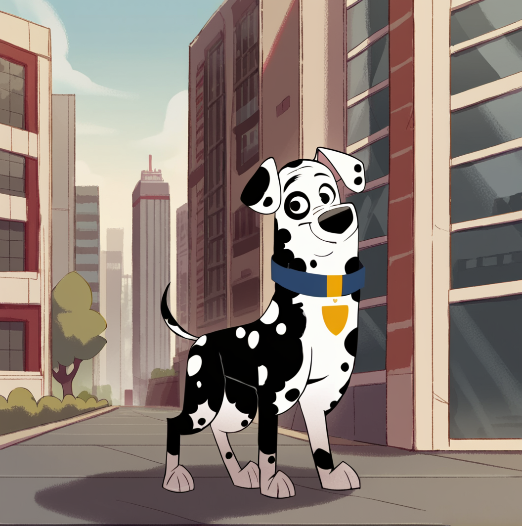 score_9, score_8_up, score_7_up, score_6_up, score_5_up, score_4_up, <lora:Dougdalmatian:1>, dougdalmatian, solo, looking at viewer, animal ears, standing, outdoors, no humans, building, dog, black and white fur, dalmatian, body fur, dog ears, spots, collar, trees, buildings,