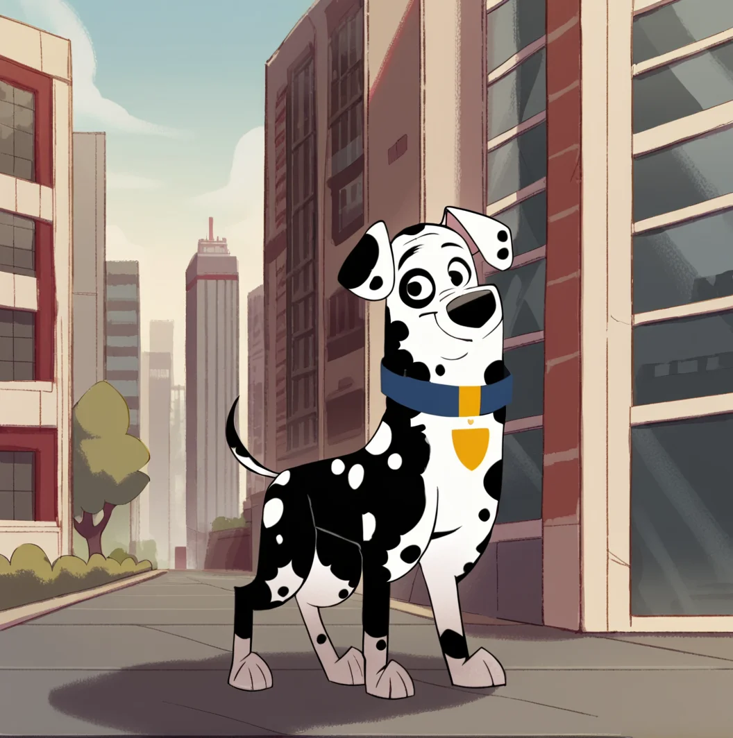 score_9, score_8_up, score_7_up, score_6_up, score_5_up, score_4_up, <lora:Dougdalmatian:1>, dougdalmatian, solo, looking at viewer, animal ears, standing, outdoors, no humans, building, dog, black and white fur, dalmatian, body fur, dog ears, spots, collar, trees, buildings,