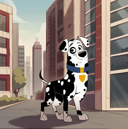 score_9, score_8_up, score_7_up, score_6_up, score_5_up, score_4_up, <lora:Dougdalmatian:1>, dougdalmatian, solo, looking at viewer, animal ears, standing, outdoors, no humans, building, dog, black and white fur, dalmatian, body fur, dog ears, spots, collar, trees, buildings,