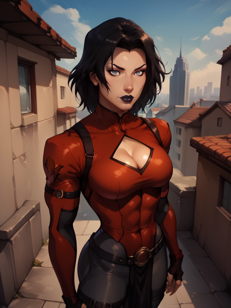score_9, score_8_up, score_7_up, high quality, masterpiece, Shiva, grey eyes, shoulder length hair, leotard, pelvic curtain, tactical pants, belt, clothing cutout, cleavage cutout, fingerless gloves, lipstick, 1girl, rooftop, building, cityscape
<lora:Shiva2-90reps:0.8>