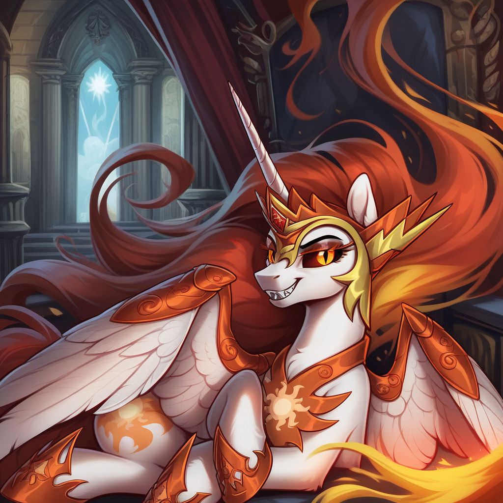 score_9, score_8_up, score_7_up, score_6_up, score_5_up, score_4_up, Daybreaker, Equestria at War, pony, alicorn, g4, Female, Feral, Lounge On Throne Lounge On Side, Portrait of a leader, Ruler of the Solar Empire, Evil eyes, Looking At Viewer, Sadistic Smile, Sharp teeth, Throne Hall Interior, Extreme Detailed Background, Tail, the quality of ai art is frightening