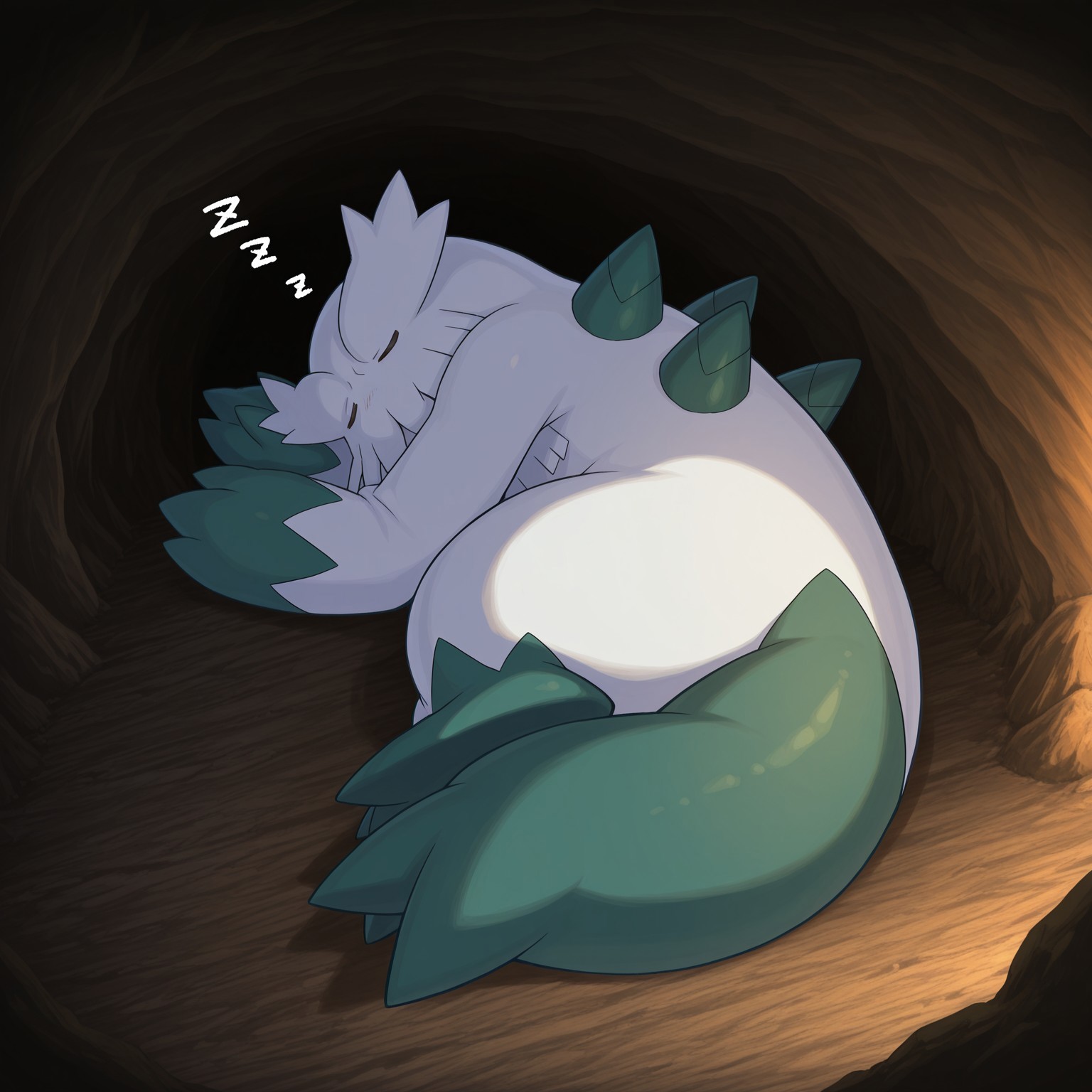 2d, solo, Pokemon (creature), Abomasnow, shaggy white fur, greenish fur, two tone fur, fur over mouth, head tufts, spiky tail, (back spikes)

BREAK inside, cave, lying on side, ((eyes closed, sleeping, zzz)), snow

BREAK best quality, amazing quality, very aesthetic, absurdres, newest, masterpiece, high quality, ((dark, dark environment))