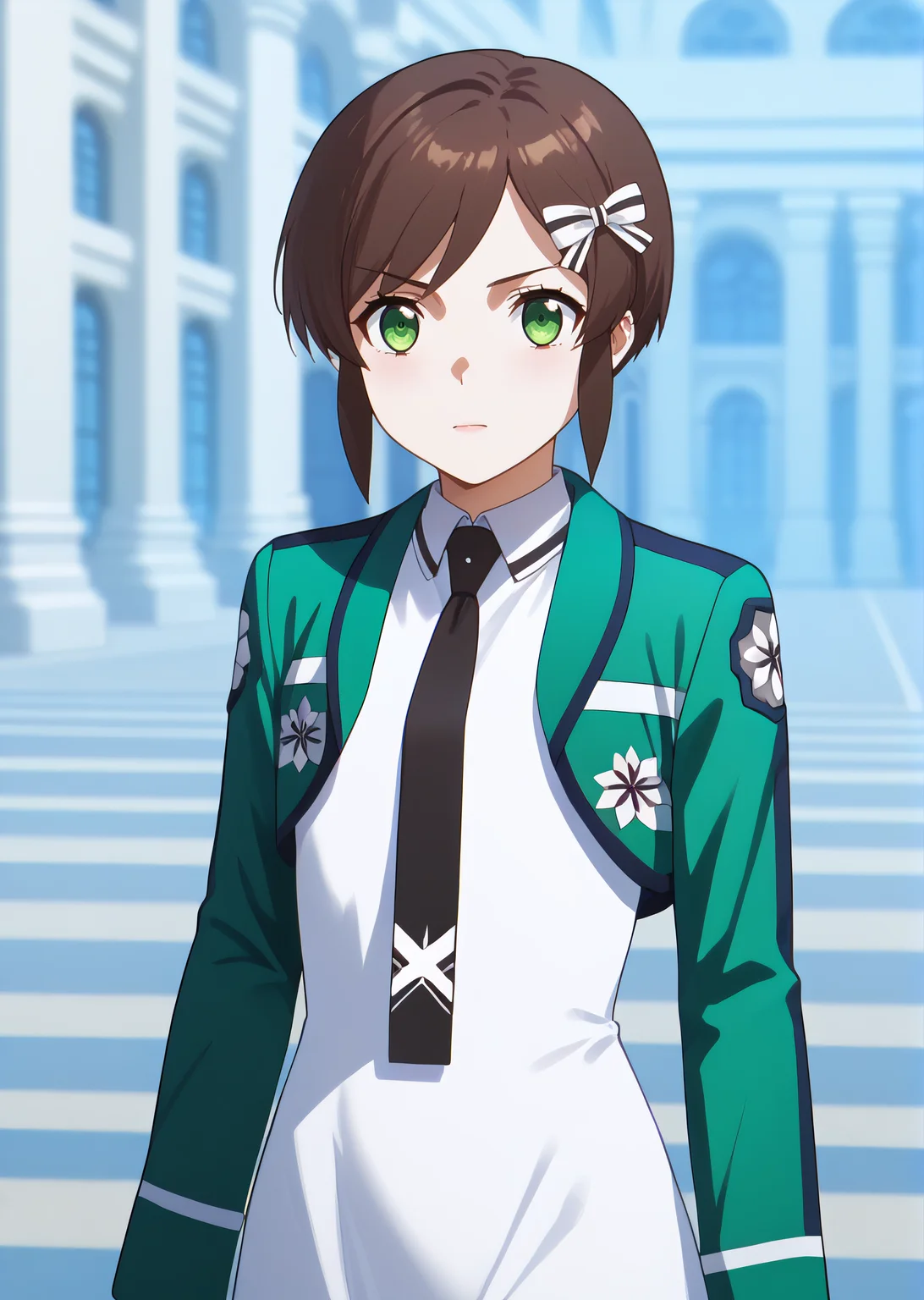 score_9, score_8_up, score_7_up, score_6_up, rating_explicit, source_anime, cinematic shadow, cinematic light, cute and sensitive, soft skin, characters focus, detailed eyes, detailed skins, <lora:StS_age_slider_v1_initial_release:-1>, <lora:StS_detail_slider_v1:3> , <lora:Saegusa_Kasumi:1> kasumi,bangs, brown hair,short hair with long locks, hair bow, green eyes,cowboy shot, , 1girl,school uniform, sleeveless white dress, black necktie, green jacket, solo,